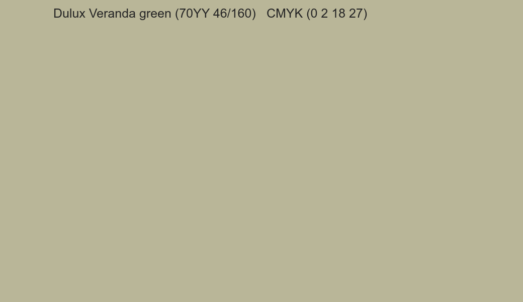 Color Dulux Veranda green (70YY 46/160) to CMYK (0 2 18 27) converter Color Dulux Veranda green (70YY 46/160) to CMYK (0 2 18 27) converter