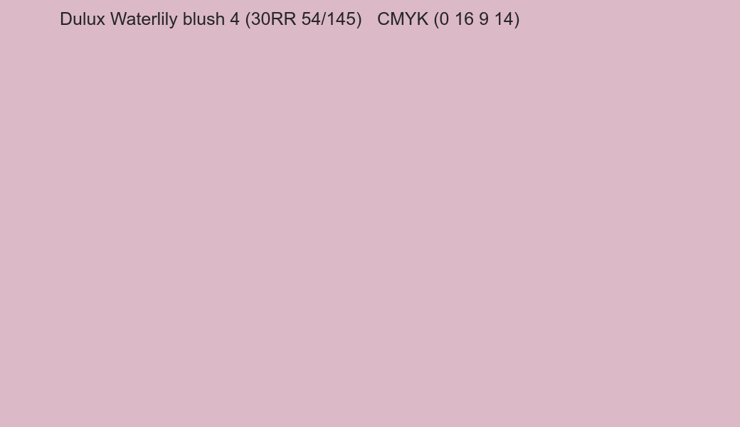 Color Dulux Waterlily blush 4 (30RR 54/145) to CMYK (0 16 9 14) converter Color Dulux Waterlily blush 4 (30RR 54/145) to CMYK (0 16 9 14) converter