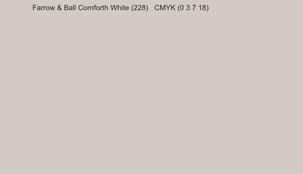 Color Farrow & Ball Cornforth White (228) to CMYK (0 3 7 18) converter Color Farrow & Ball Cornforth White (228) to CMYK (0 3 7 18) converter
