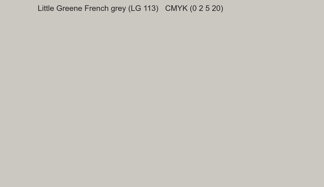 Color Little Greene French grey (LG 113) to CMYK (0 2 5 20) converter Color Little Greene French grey (LG 113) to CMYK (0 2 5 20) converter