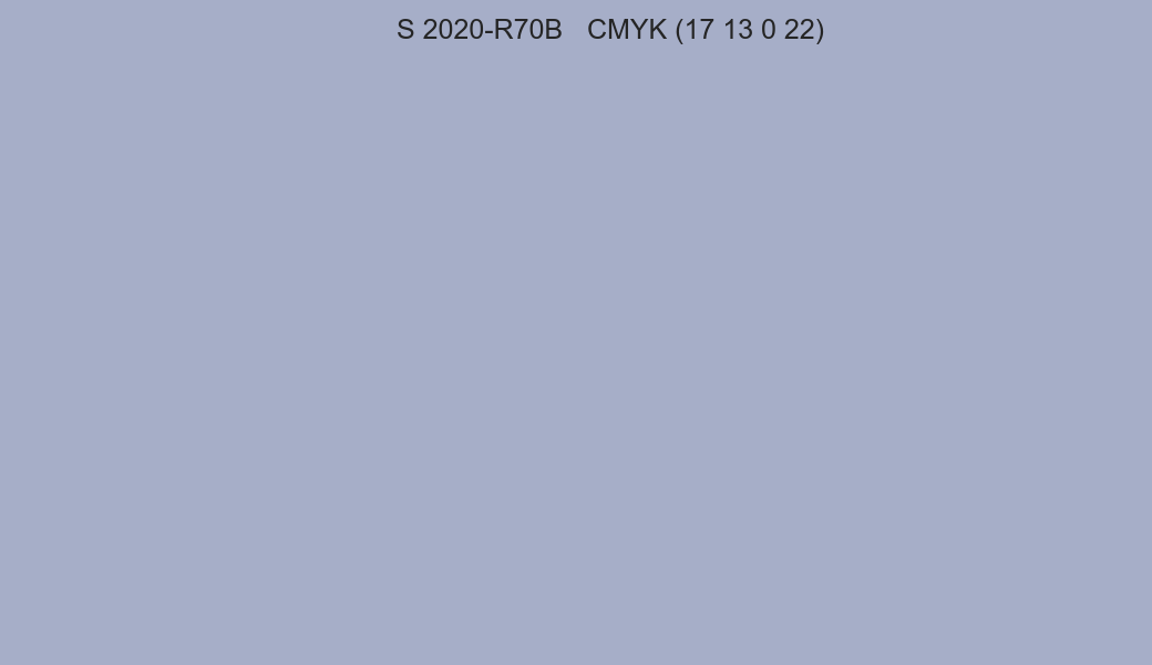 Color NCS S 2020-R70B to CMYK (17 13 0 22) converter Color NCS S 2020-R70B to CMYK (17 13 0 22) converter