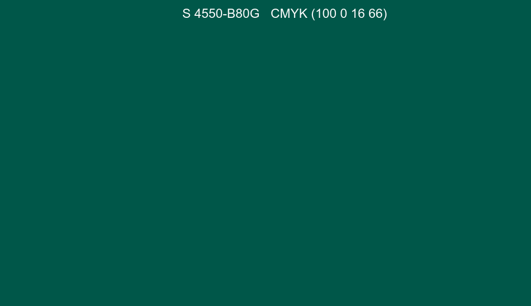 Color NCS S 4550-B80G to CMYK (100 0 16 66) converter Color NCS S 4550-B80G to CMYK (100 0 16 66) converter