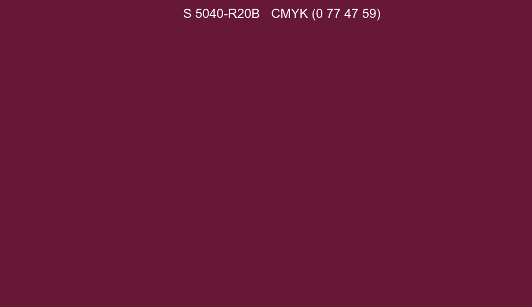 Color NCS S 5040-R20B to CMYK (0 77 47 59) converter Color NCS S 5040-R20B to CMYK (0 77 47 59) converter