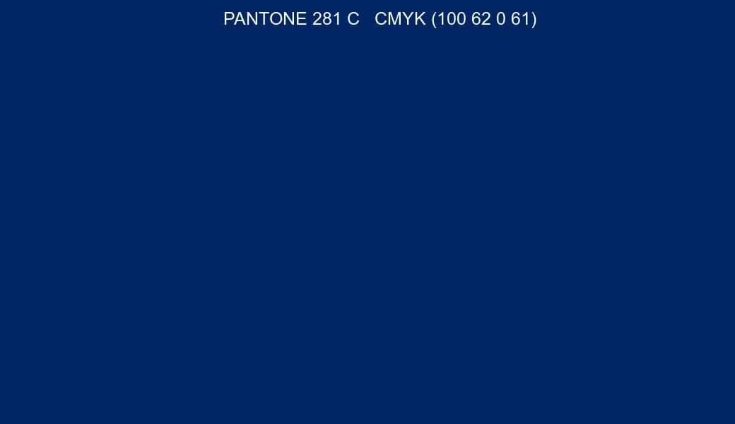 Color PANTONE 281 C to CMYK (100 62 0 61) converter