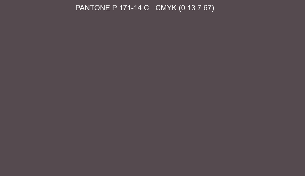 Color PANTONE P 171-14 C to CMYK (0 13 7 67) converter Color PANTONE P 171-14 C to CMYK (0 13 7 67) converter