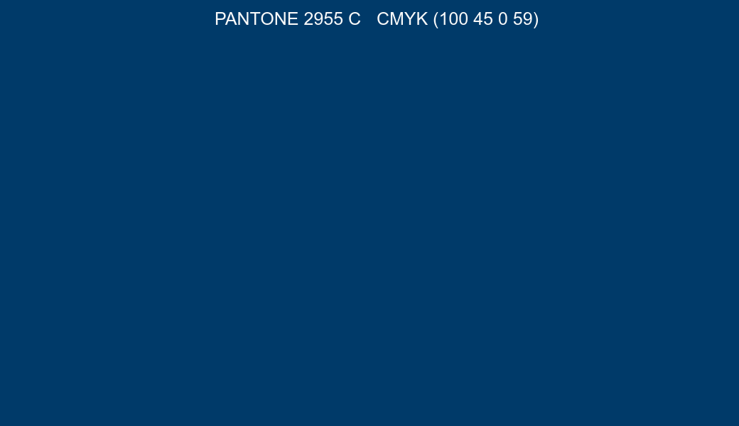 Color PANTONE 2955 C to CMYK (100 45 0 59) converter Color PANTONE 2955 C to CMYK (100 45 0 59) converter