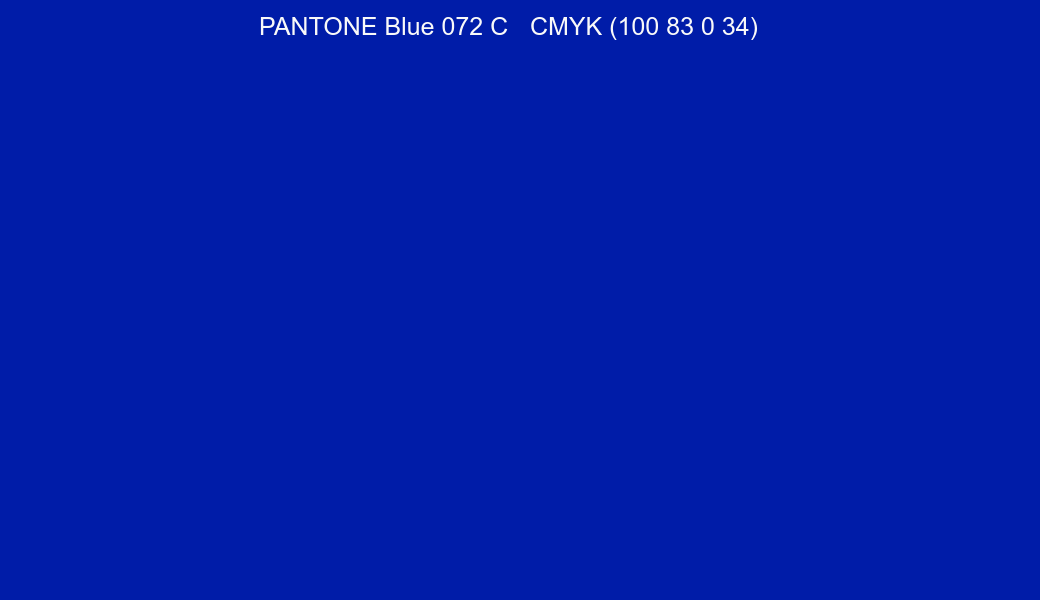 Color PANTONE Blue 072 C to CMYK (100 83 0 34) converter Color PANTONE Blue 072 C to CMYK (100 83 0 34) converter