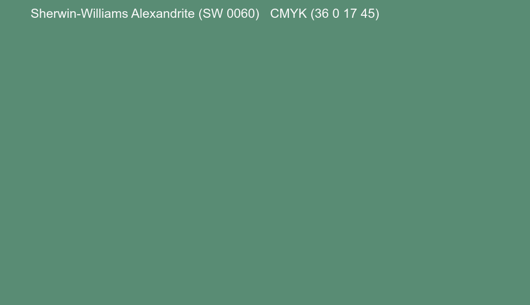 Color Sherwin-Williams Alexandrite (SW 0060) to CMYK (36 0 17 45) converter Color Sherwin-Williams Alexandrite (SW 0060) to CMYK (36 0 17 45) converter