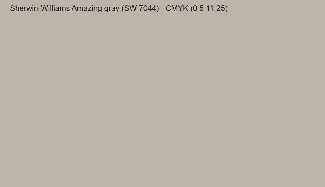 Color Sherwin-Williams Amazing gray (SW 7044) to CMYK (0 5 11 25) converter Color Sherwin-Williams Amazing gray (SW 7044) to CMYK (0 5 11 25) converter