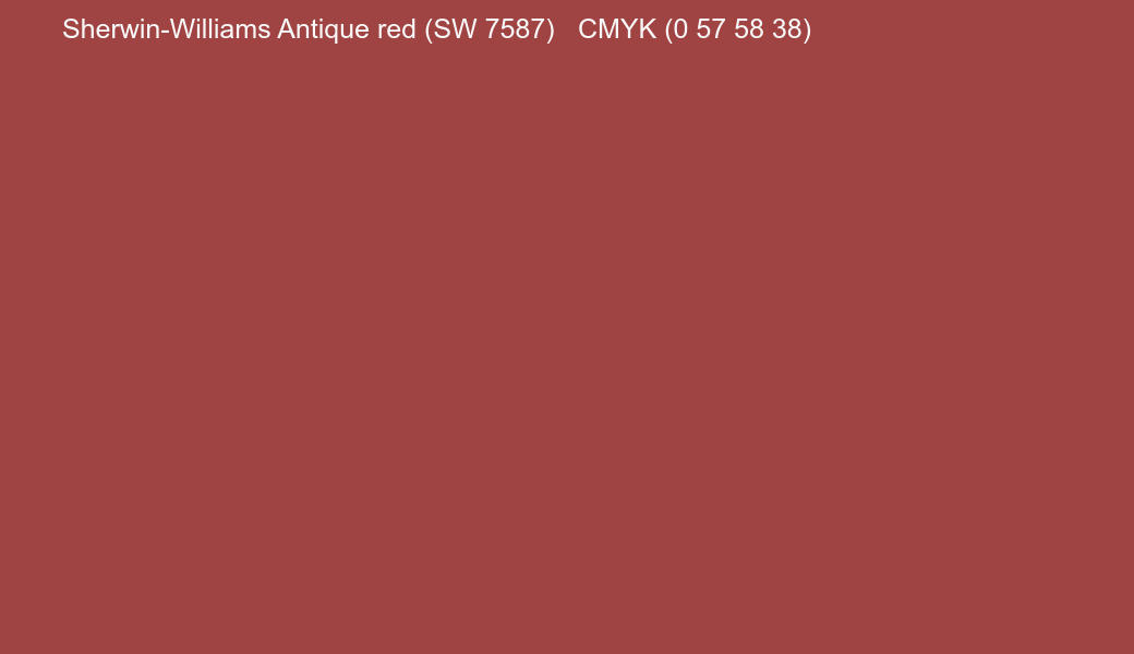 Color Sherwin-Williams Antique red (SW 7587) to CMYK (0 57 58 38) converter Color Sherwin-Williams Antique red (SW 7587) to CMYK (0 57 58 38) converter