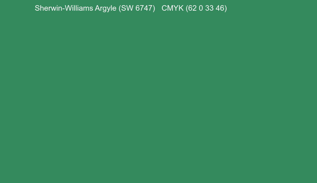 Color Sherwin-Williams Argyle (SW 6747) to CMYK (62 0 33 46) converter Color Sherwin-Williams Argyle (SW 6747) to CMYK (62 0 33 46) converter