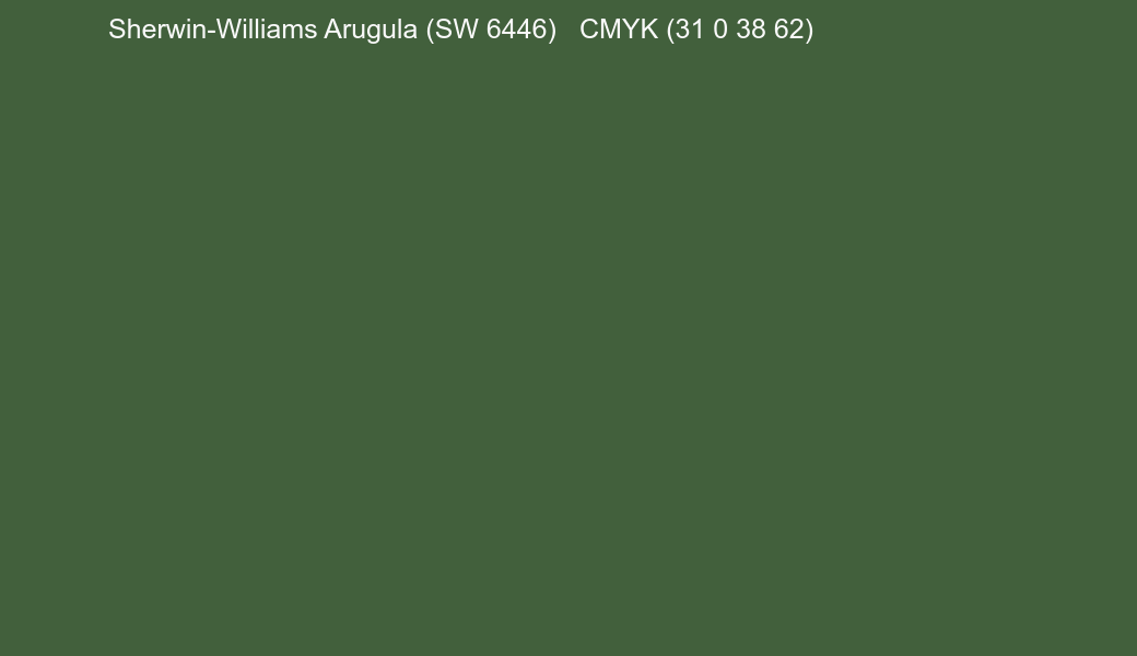 Color Sherwin-Williams Arugula (SW 6446) to CMYK (31 0 38 62) converter Color Sherwin-Williams Arugula (SW 6446) to CMYK (31 0 38 62) converter