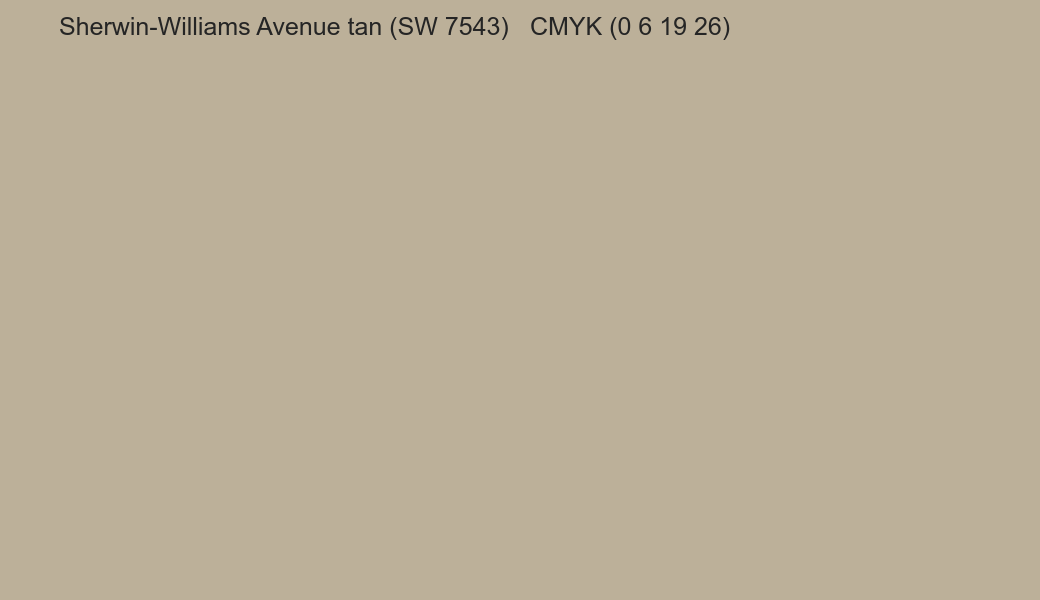 Color Sherwin-Williams Avenue tan (SW 7543) to CMYK (0 6 19 26) converter Color Sherwin-Williams Avenue tan (SW 7543) to CMYK (0 6 19 26) converter