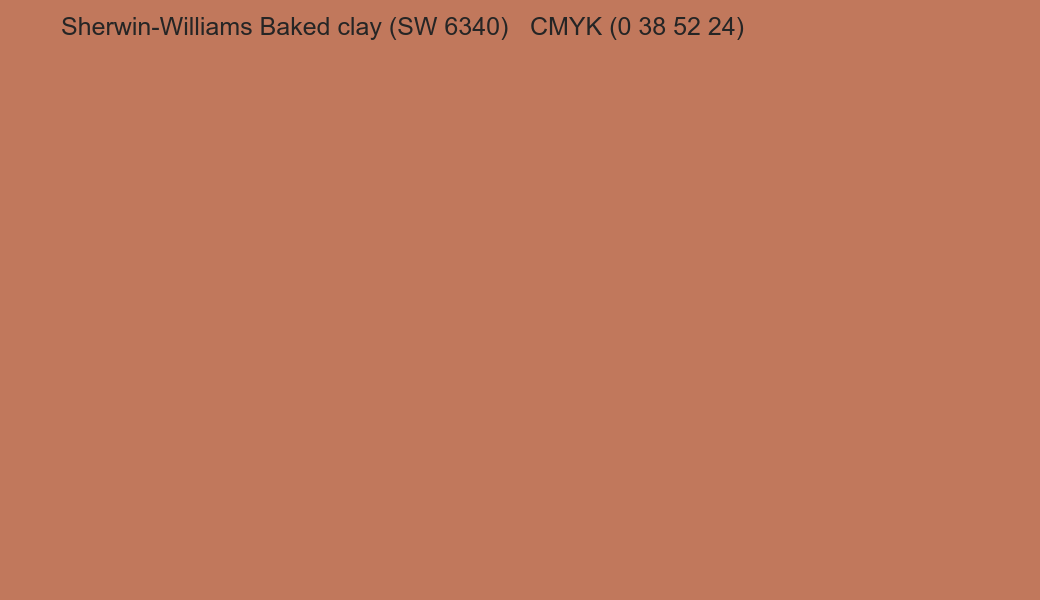 Color Sherwin-Williams Baked clay (SW 6340) to CMYK (0 38 52 24) converter Color Sherwin-Williams Baked clay (SW 6340) to CMYK (0 38 52 24) converter