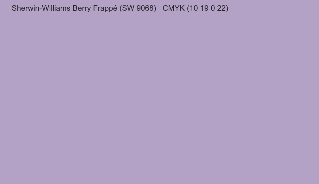 Color Sherwin-Williams Berry Frappé (SW 9068) to CMYK (10 19 0 22) converter Color Sherwin-Williams Berry Frappé (SW 9068) to CMYK (10 19 0 22) converter