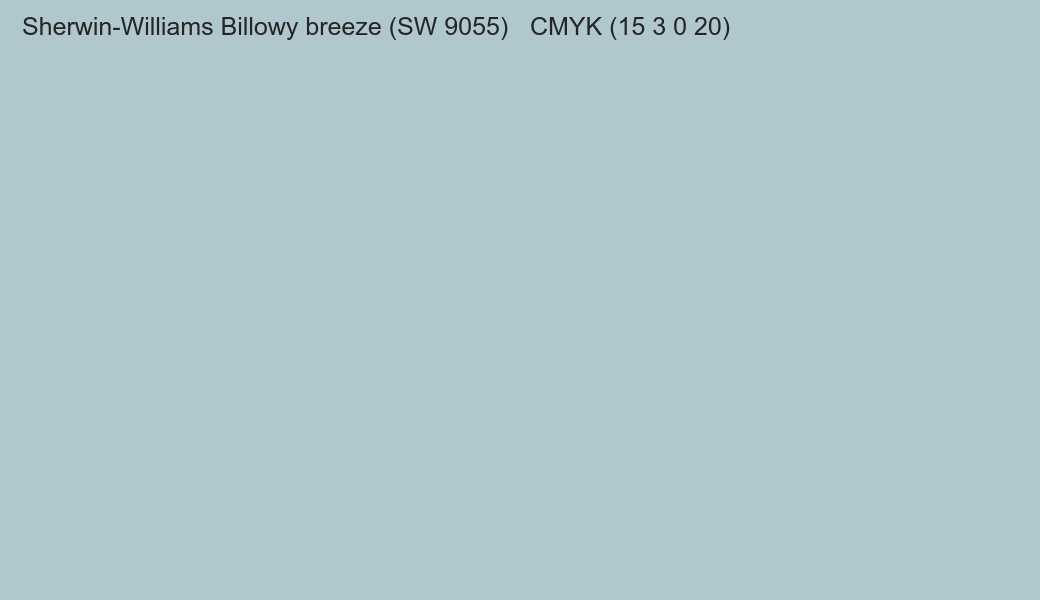 Color Sherwin-Williams Billowy breeze (SW 9055) to CMYK (15 3 0 20) converter Color Sherwin-Williams Billowy breeze (SW 9055) to CMYK (15 3 0 20) converter