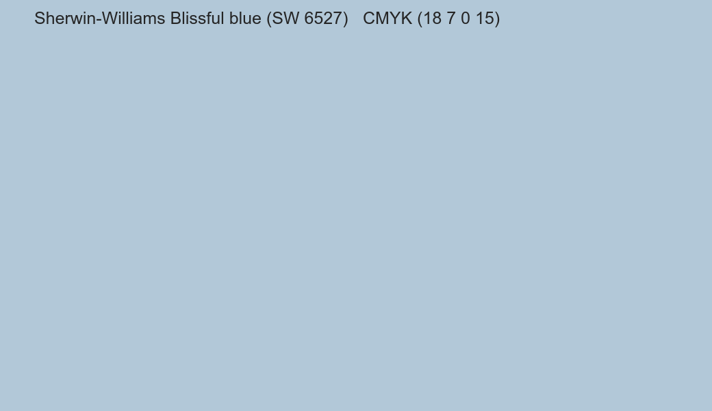 Color Sherwin-Williams Blissful blue (SW 6527) to CMYK (18 7 0 15) converter Color Sherwin-Williams Blissful blue (SW 6527) to CMYK (18 7 0 15) converter