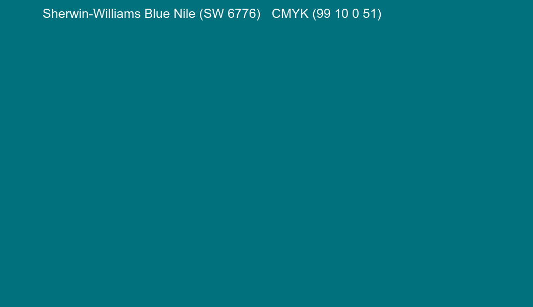 Color Sherwin-Williams Blue Nile (SW 6776) to CMYK (99 10 0 51) converter Color Sherwin-Williams Blue Nile (SW 6776) to CMYK (99 10 0 51) converter