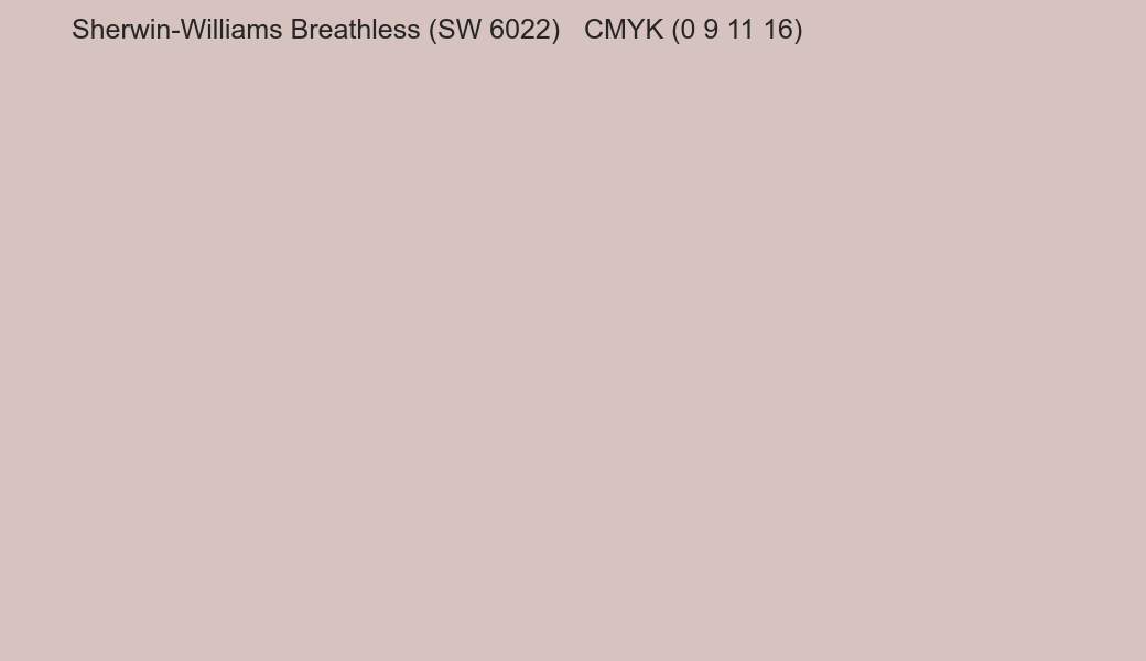 Color Sherwin-Williams Breathless (SW 6022) to CMYK (0 9 11 16) converter Color Sherwin-Williams Breathless (SW 6022) to CMYK (0 9 11 16) converter