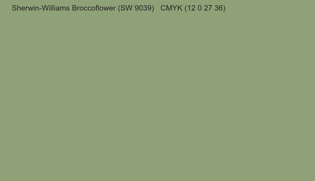 Color Sherwin-Williams Broccoflower (SW 9039) to CMYK (12 0 27 36) converter Color Sherwin-Williams Broccoflower (SW 9039) to CMYK (12 0 27 36) converter
