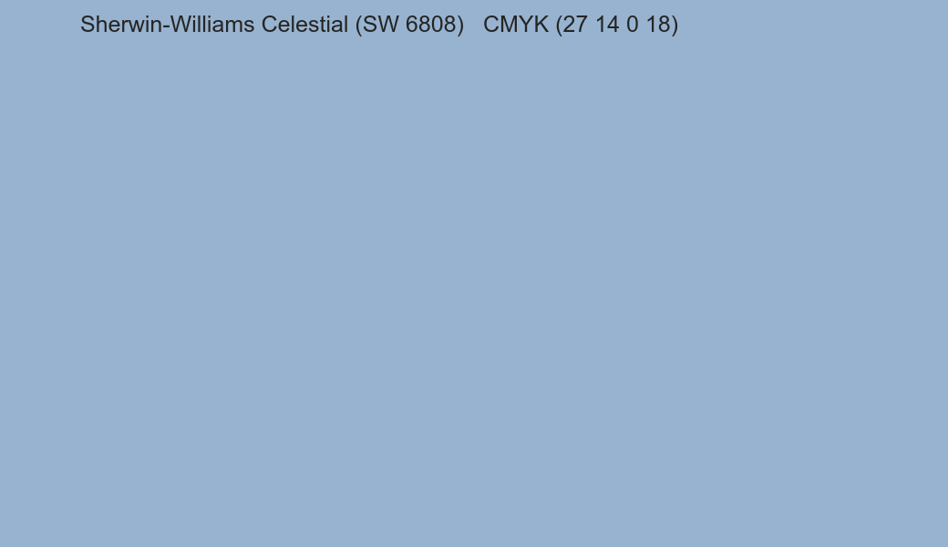 Color Sherwin-Williams Celestial (SW 6808) to CMYK (27 14 0 18) converter Color Sherwin-Williams Celestial (SW 6808) to CMYK (27 14 0 18) converter