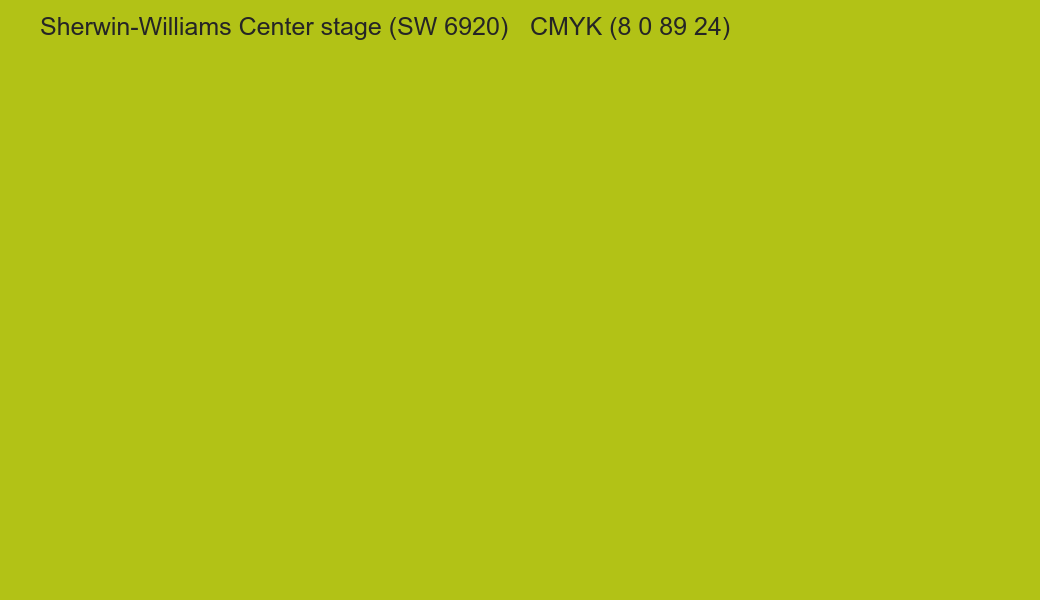 Color Sherwin-Williams Center stage (SW 6920) to CMYK (8 0 89 24) converter Color Sherwin-Williams Center stage (SW 6920) to CMYK (8 0 89 24) converter