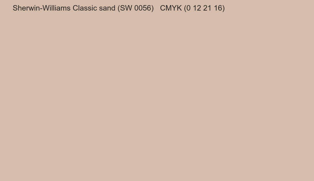 Color Sherwin-Williams Classic sand (SW 0056) to CMYK (0 12 21 16) converter Color Sherwin-Williams Classic sand (SW 0056) to CMYK (0 12 21 16) converter