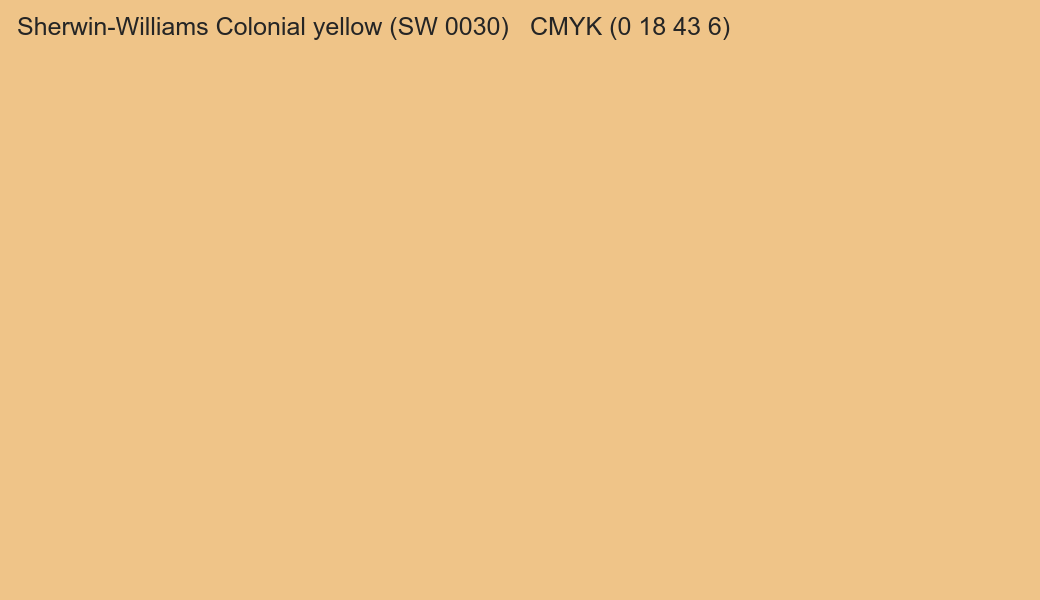 Color Sherwin-Williams Colonial yellow (SW 0030) to CMYK (0 18 43 6) converter Color Sherwin-Williams Colonial yellow (SW 0030) to CMYK (0 18 43 6) converter