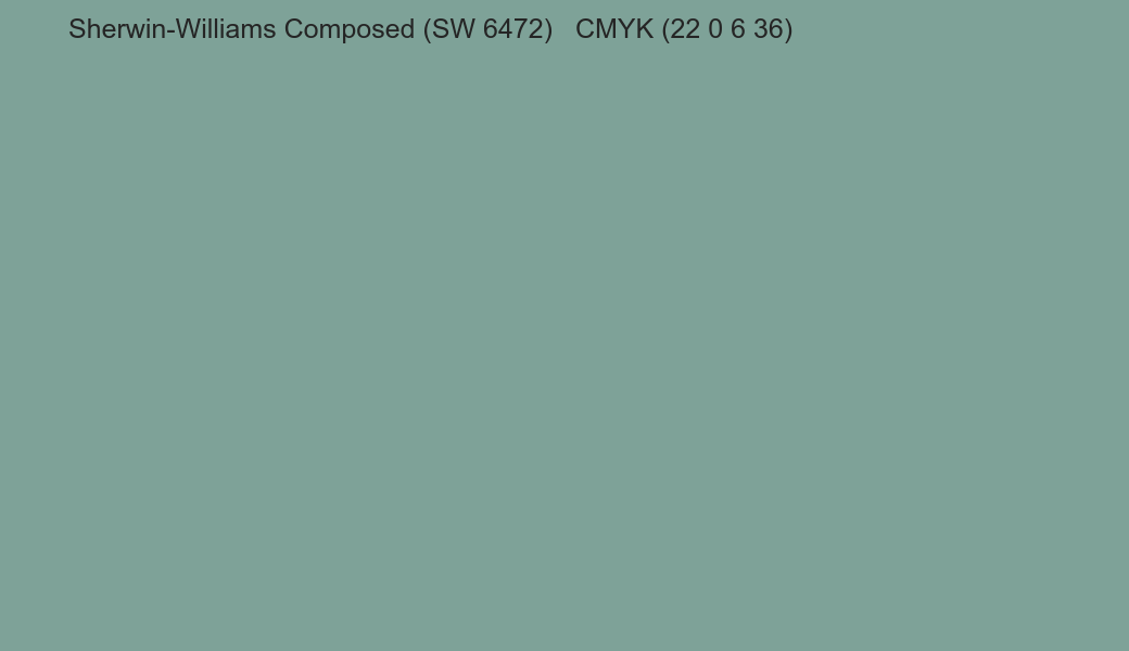 Color Sherwin-Williams Composed (SW 6472) to CMYK (22 0 6 36) converter Color Sherwin-Williams Composed (SW 6472) to CMYK (22 0 6 36) converter