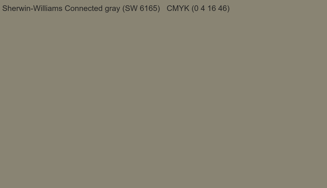 Color Sherwin-Williams Connected gray (SW 6165) to CMYK (0 4 16 46) converter Color Sherwin-Williams Connected gray (SW 6165) to CMYK (0 4 16 46) converter