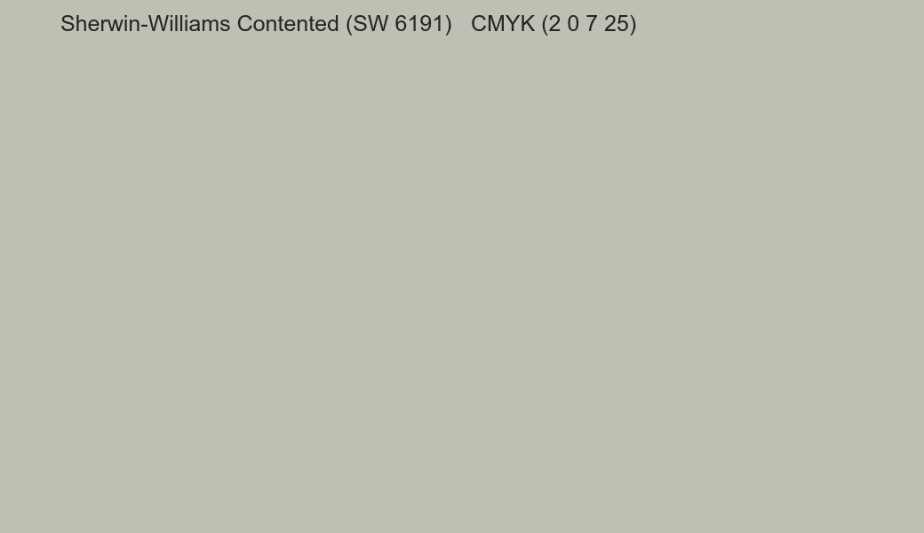 Color Sherwin-Williams Contented (SW 6191) to CMYK (2 0 7 25) converter Color Sherwin-Williams Contented (SW 6191) to CMYK (2 0 7 25) converter