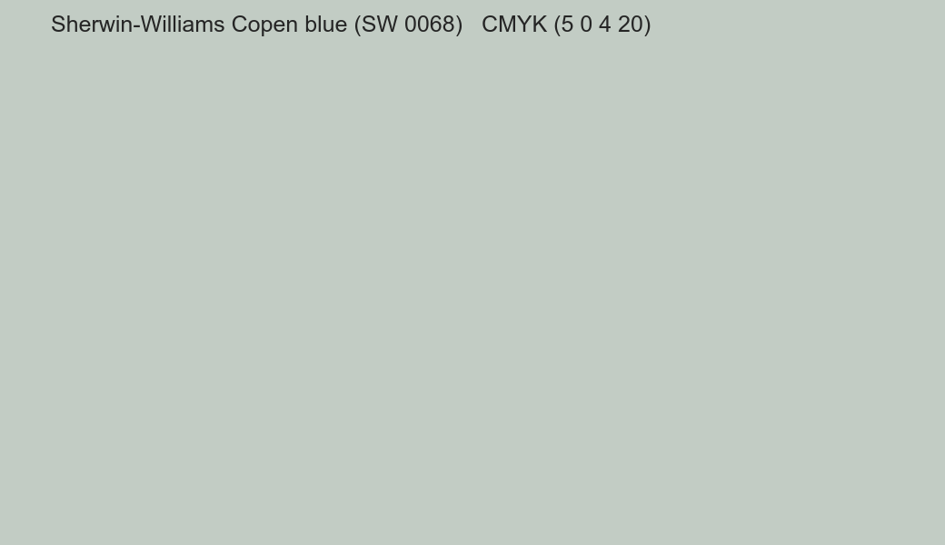 Color Sherwin-Williams Copen blue (SW 0068) to CMYK (5 0 4 20) converter Color Sherwin-Williams Copen blue (SW 0068) to CMYK (5 0 4 20) converter