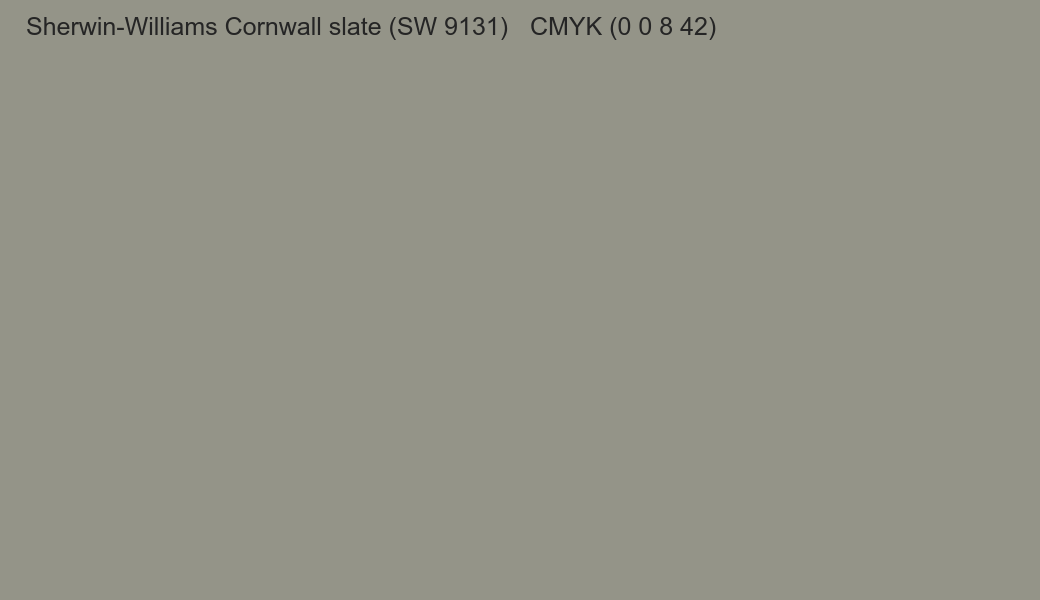 Color Sherwin-Williams Cornwall slate (SW 9131) to CMYK (0 0 8 42) converter Color Sherwin-Williams Cornwall slate (SW 9131) to CMYK (0 0 8 42) converter