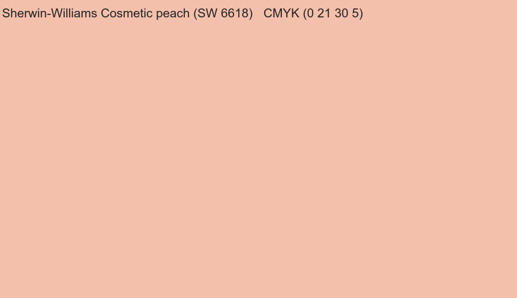 Color Sherwin-Williams Cosmetic peach (SW 6618) to CMYK (0 21 30 5) converter Color Sherwin-Williams Cosmetic peach (SW 6618) to CMYK (0 21 30 5) converter