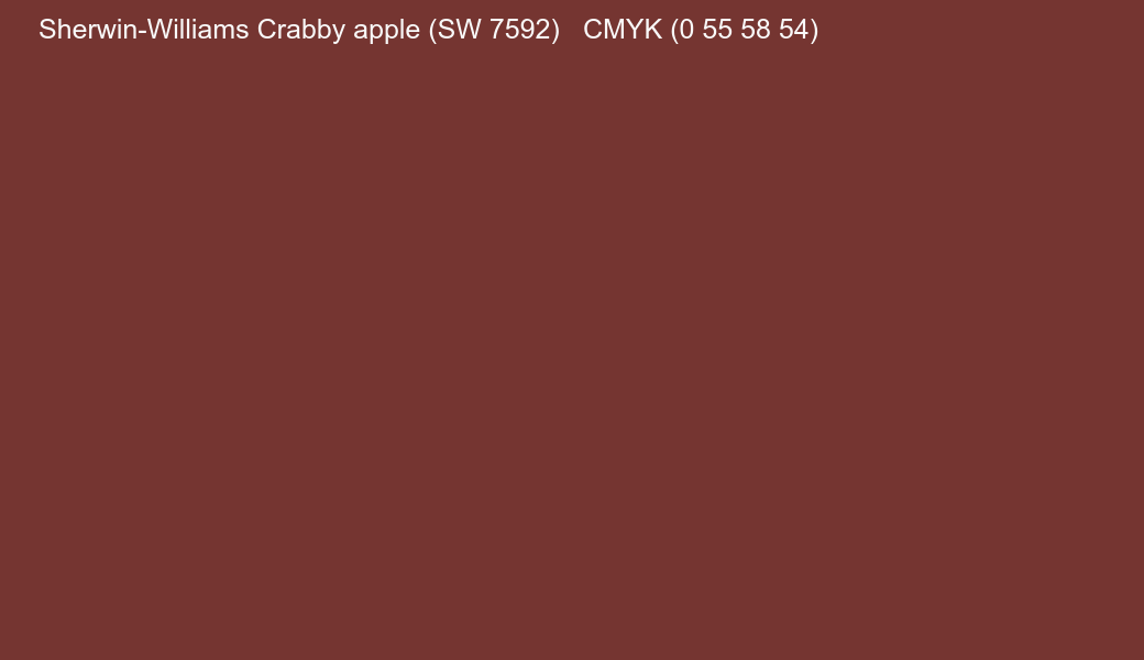 Color Sherwin-Williams Crabby apple (SW 7592) to CMYK (0 55 58 54) converter Color Sherwin-Williams Crabby apple (SW 7592) to CMYK (0 55 58 54) converter
