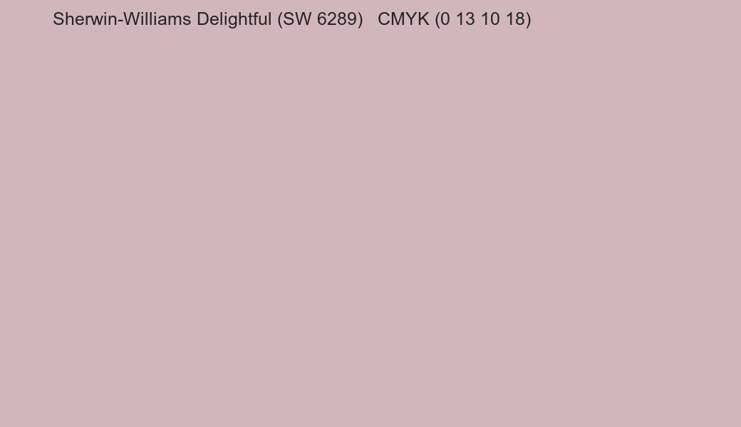 Color Sherwin-Williams Delightful (SW 6289) to CMYK (0 13 10 18) converter Color Sherwin-Williams Delightful (SW 6289) to CMYK (0 13 10 18) converter