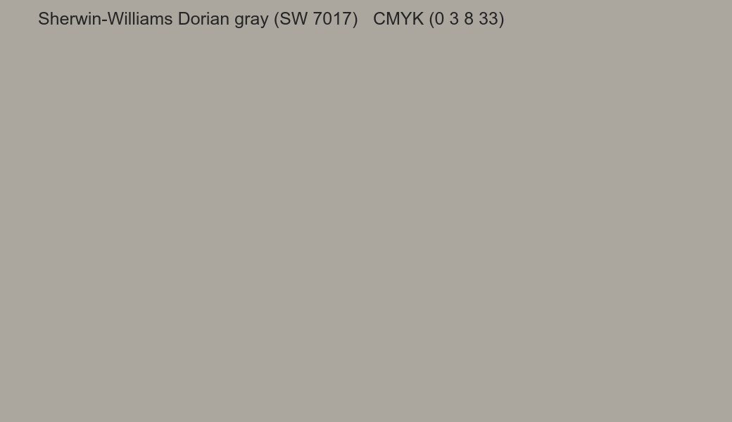 Color Sherwin-Williams Dorian gray (SW 7017) to CMYK (0 3 8 33) converter Color Sherwin-Williams Dorian gray (SW 7017) to CMYK (0 3 8 33) converter