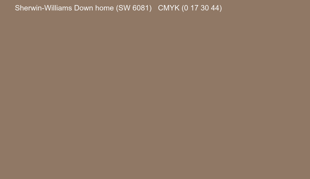 Color Sherwin-Williams Down home (SW 6081) to CMYK (0 17 30 44) converter Color Sherwin-Williams Down home (SW 6081) to CMYK (0 17 30 44) converter