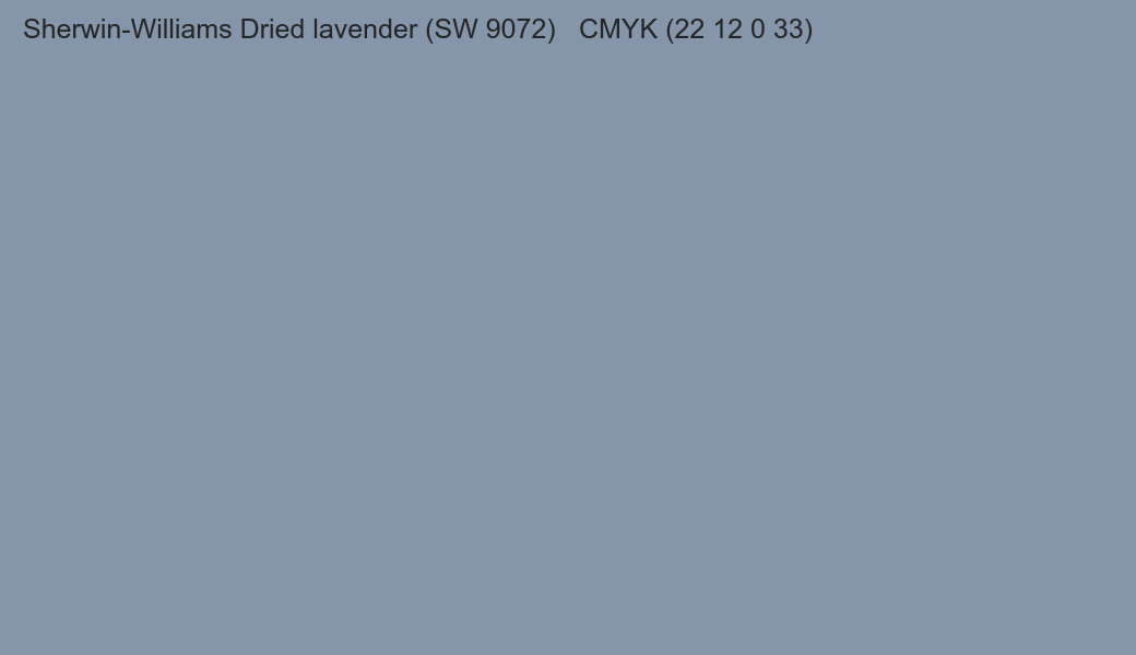 Color Sherwin-Williams Dried lavender (SW 9072) to CMYK (22 12 0 33) converter Color Sherwin-Williams Dried lavender (SW 9072) to CMYK (22 12 0 33) converter