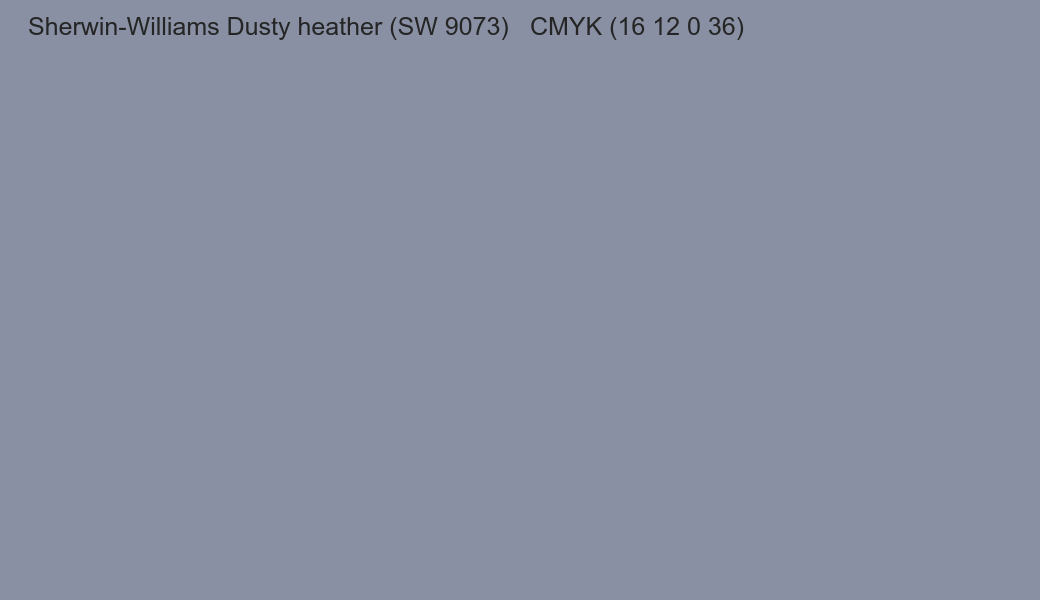 Color Sherwin-Williams Dusty heather (SW 9073) to CMYK (16 12 0 36) converter Color Sherwin-Williams Dusty heather (SW 9073) to CMYK (16 12 0 36) converter
