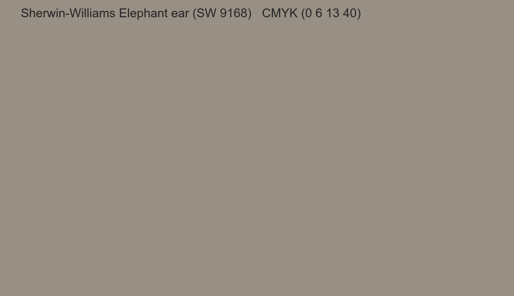 Color Sherwin-Williams Elephant ear (SW 9168) to CMYK (0 6 13 40) converter Color Sherwin-Williams Elephant ear (SW 9168) to CMYK (0 6 13 40) converter