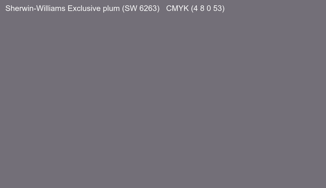 Color Sherwin-Williams Exclusive plum (SW 6263) to CMYK (4 8 0 53) converter Color Sherwin-Williams Exclusive plum (SW 6263) to CMYK (4 8 0 53) converter