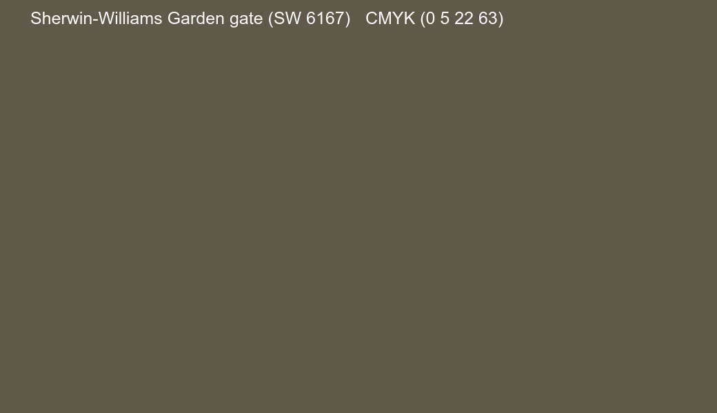 Color Sherwin-Williams Garden gate (SW 6167) to CMYK (0 5 22 63) converter Color Sherwin-Williams Garden gate (SW 6167) to CMYK (0 5 22 63) converter