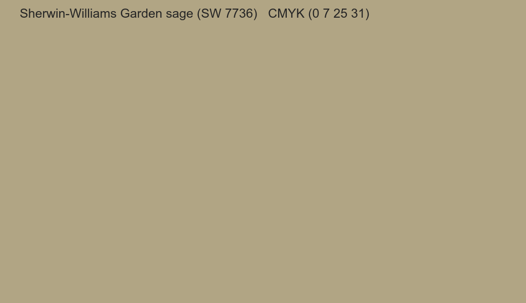 Color Sherwin-Williams Garden sage (SW 7736) to CMYK (0 7 25 31) converter Color Sherwin-Williams Garden sage (SW 7736) to CMYK (0 7 25 31) converter