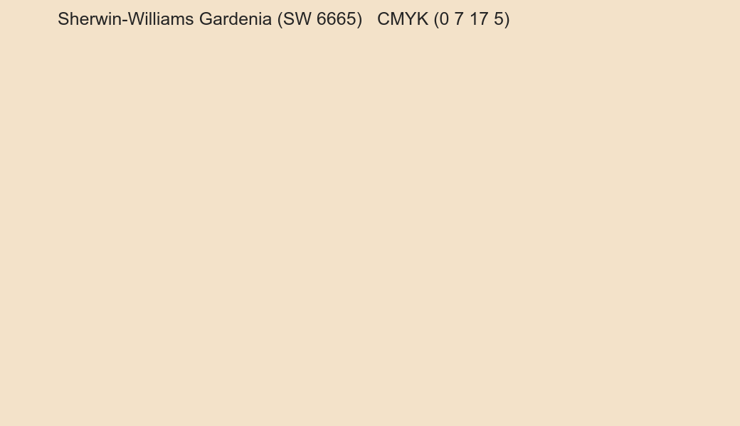 Color Sherwin-Williams Gardenia (SW 6665) to CMYK (0 7 17 5) converter Color Sherwin-Williams Gardenia (SW 6665) to CMYK (0 7 17 5) converter