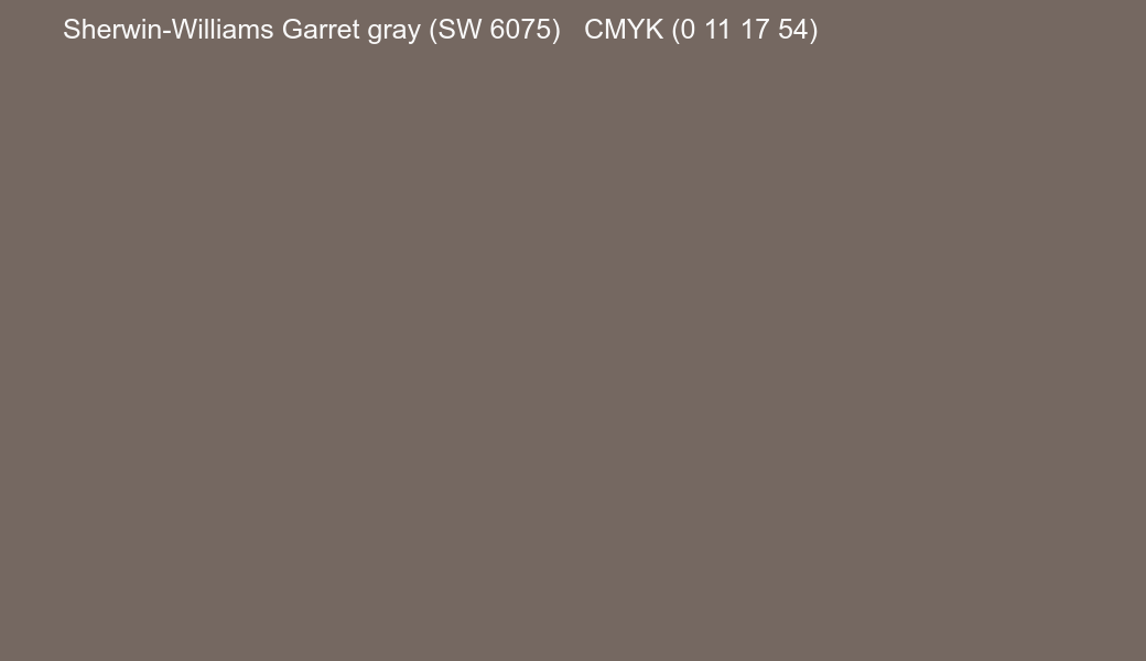 Color Sherwin-Williams Garret gray (SW 6075) to CMYK (0 11 17 54) converter Color Sherwin-Williams Garret gray (SW 6075) to CMYK (0 11 17 54) converter
