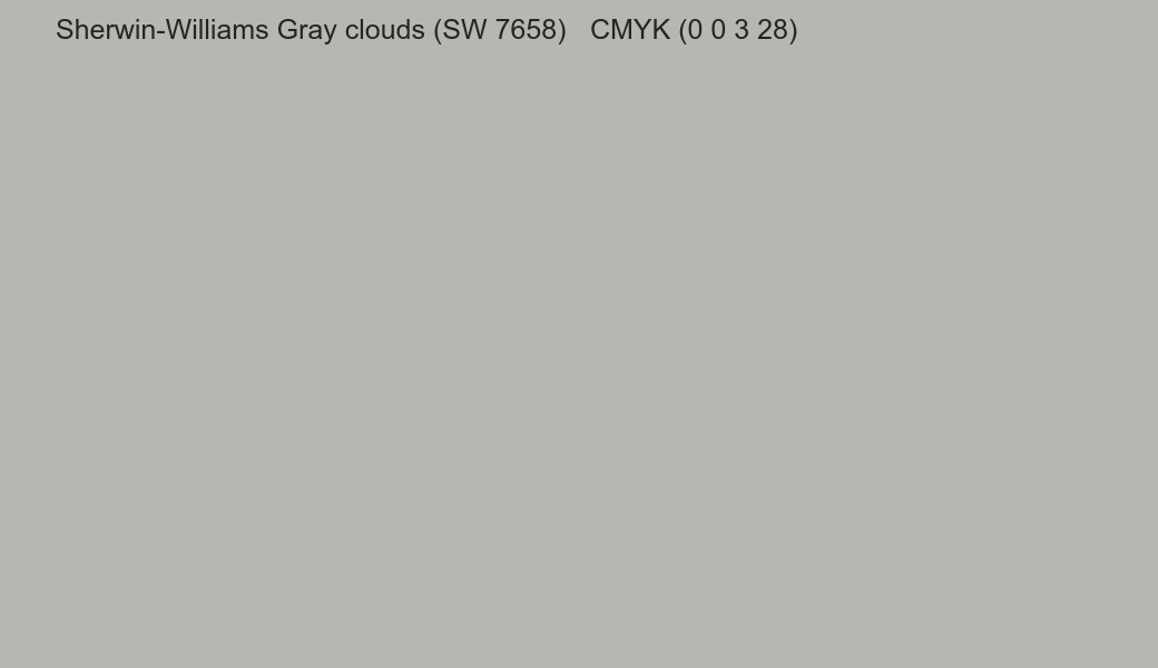Color Sherwin-Williams Gray clouds (SW 7658) to CMYK (0 0 3 28) converter Color Sherwin-Williams Gray clouds (SW 7658) to CMYK (0 0 3 28) converter
