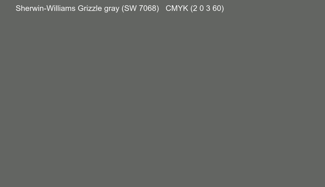 Color Sherwin-Williams Grizzle gray (SW 7068) to CMYK (2 0 3 60) converter Color Sherwin-Williams Grizzle gray (SW 7068) to CMYK (2 0 3 60) converter