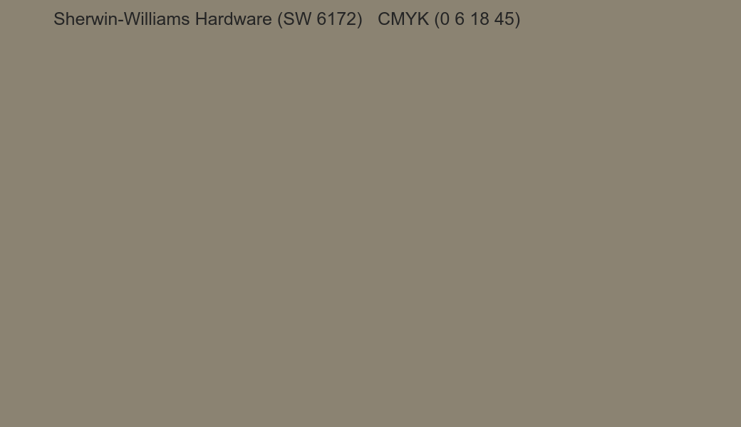 Color Sherwin-Williams Hardware (SW 6172) to CMYK (0 6 18 45) converter Color Sherwin-Williams Hardware (SW 6172) to CMYK (0 6 18 45) converter