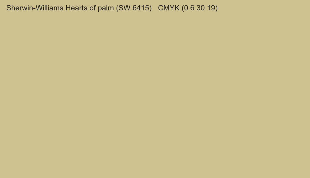 Color Sherwin-Williams Hearts of palm (SW 6415) to CMYK (0 6 30 19) converter Color Sherwin-Williams Hearts of palm (SW 6415) to CMYK (0 6 30 19) converter
